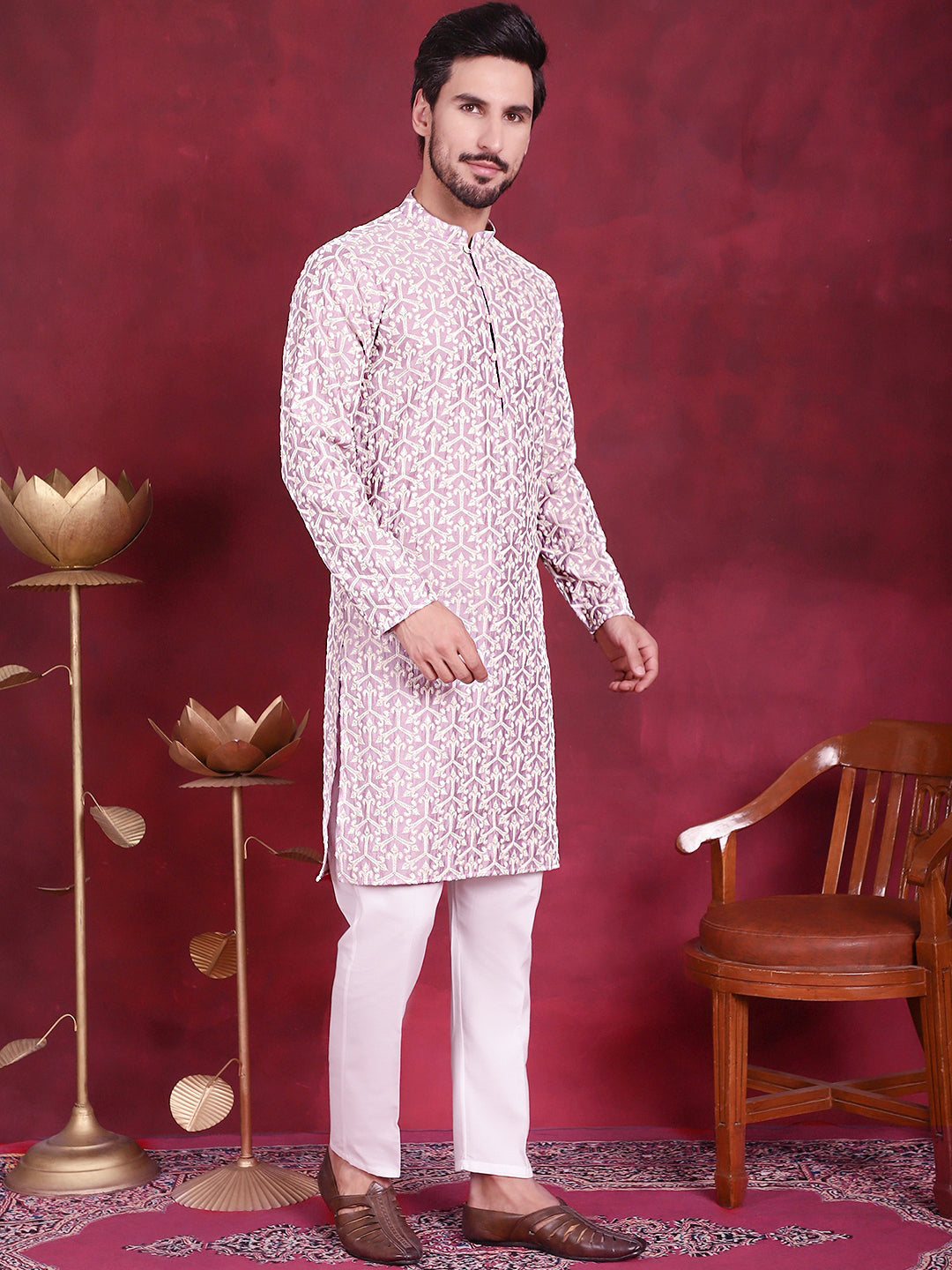 Jompers Men's Chikankari Embroidered Kurta - Purple