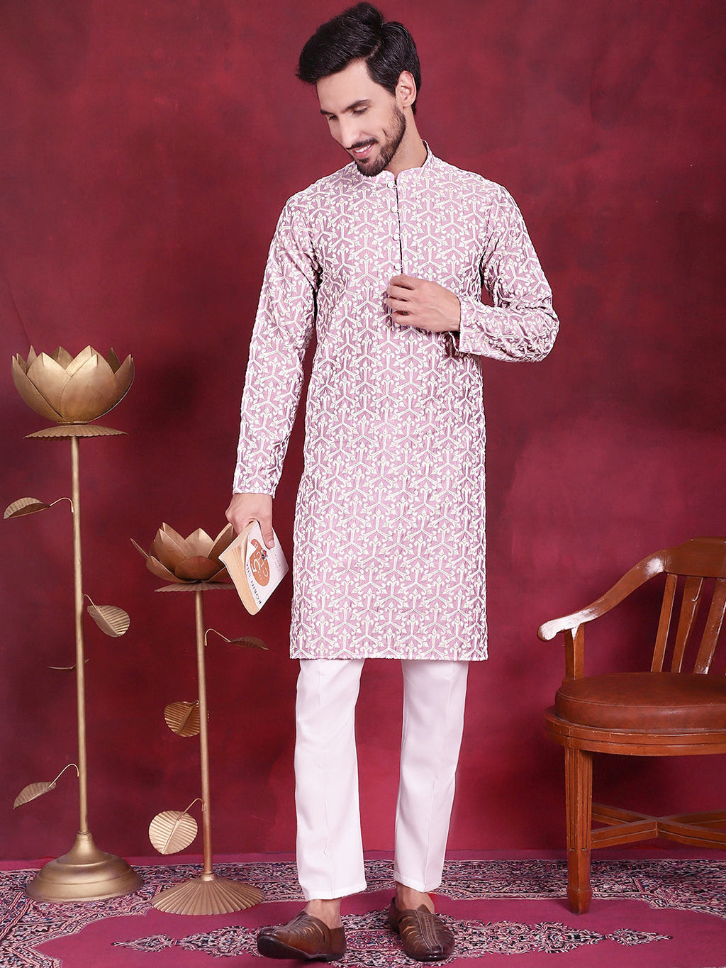Jompers Men's Chikankari Embroidered Kurta - Purple