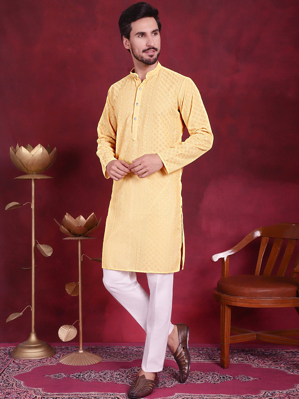 Jompers Men's Chikankari Embroidered Kurta - Beige