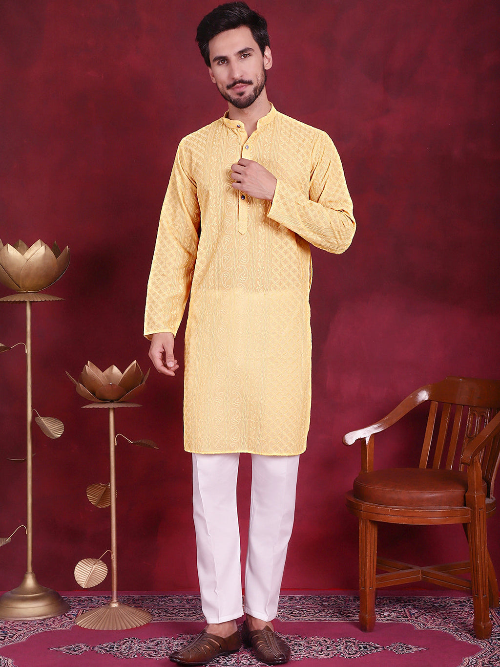 Jompers Men's Chikankari Embroidered Kurta - Beige