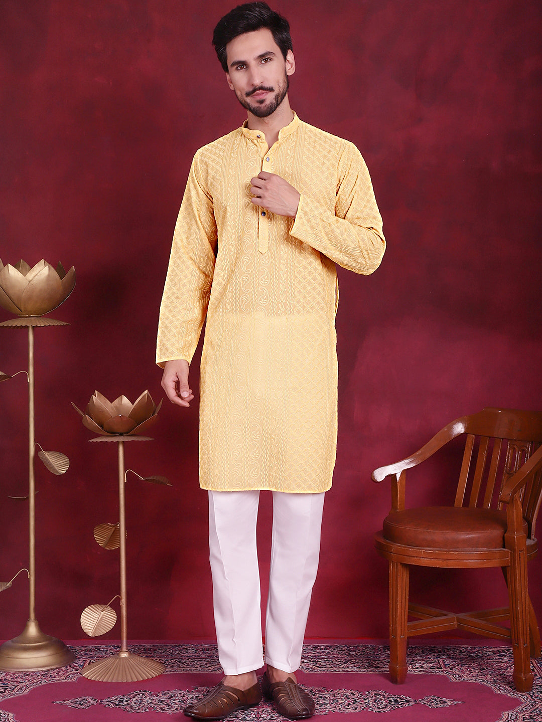 Jompers Men's Chikankari Embroidered Kurta - Beige