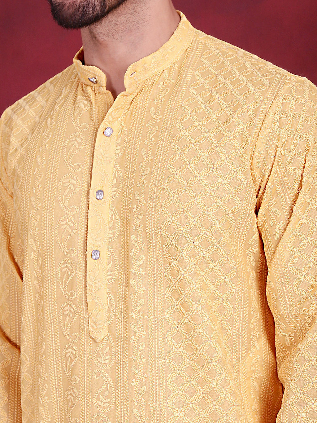 Jompers Men's Chikankari Embroidered Kurta - Beige