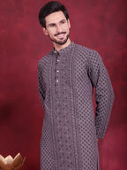 Jompers Men's Chikankari Embroidered Kurta - Grey