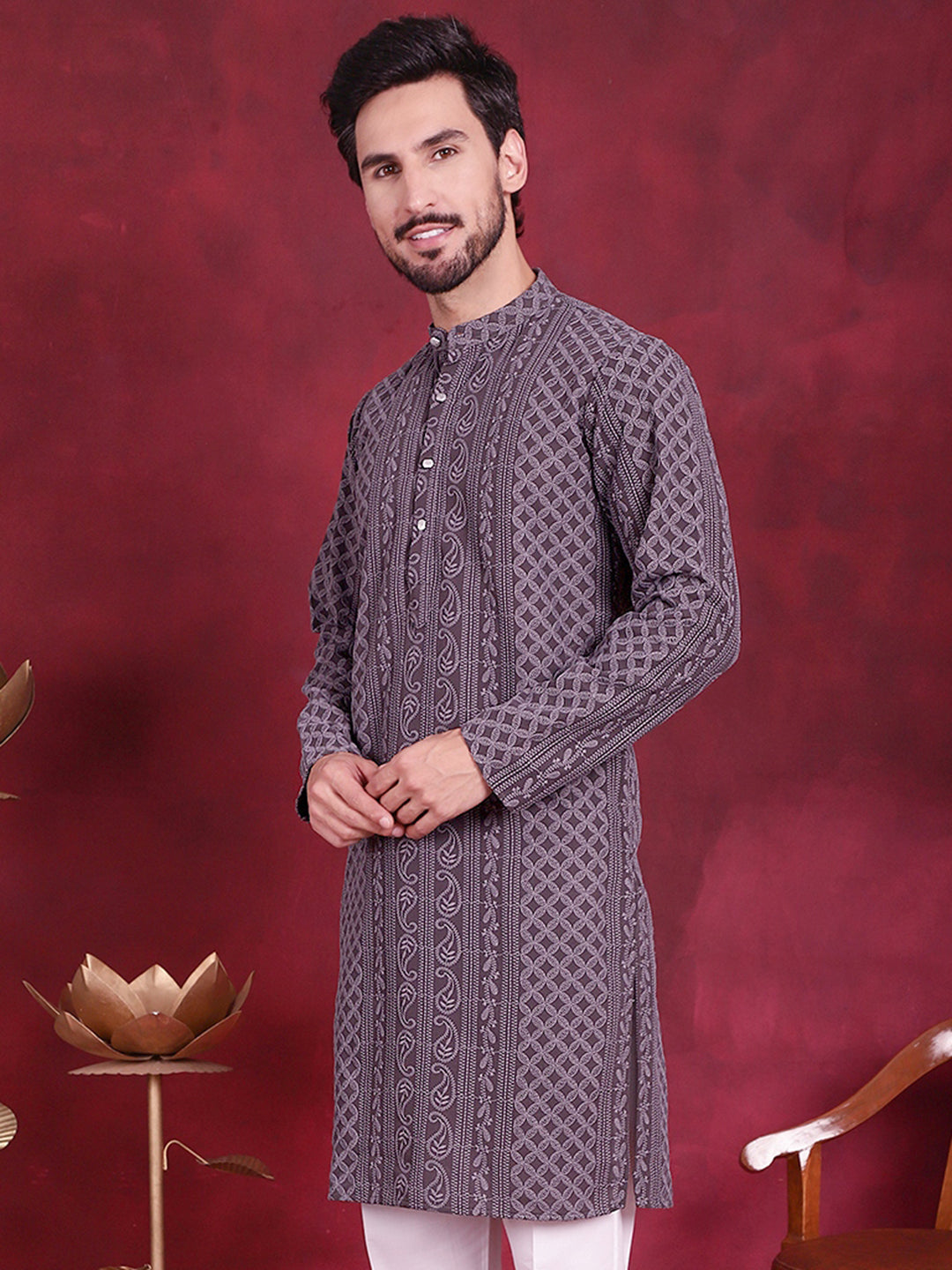 Jompers Men's Chikankari Embroidered Kurta - Grey