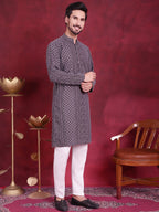 Jompers Men's Chikankari Embroidered Kurta - Grey