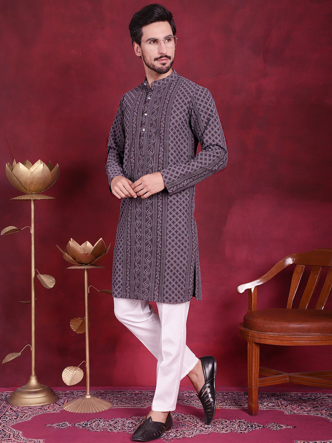Jompers Men's Chikankari Embroidered Kurta - Grey