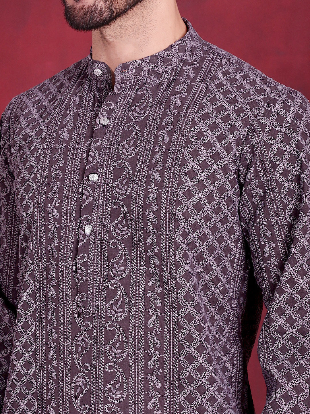 Jompers Men's Chikankari Embroidered Kurta - Grey