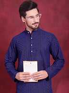 Jompers Men's Chikankari Embroidered Kurta - Navy Blue