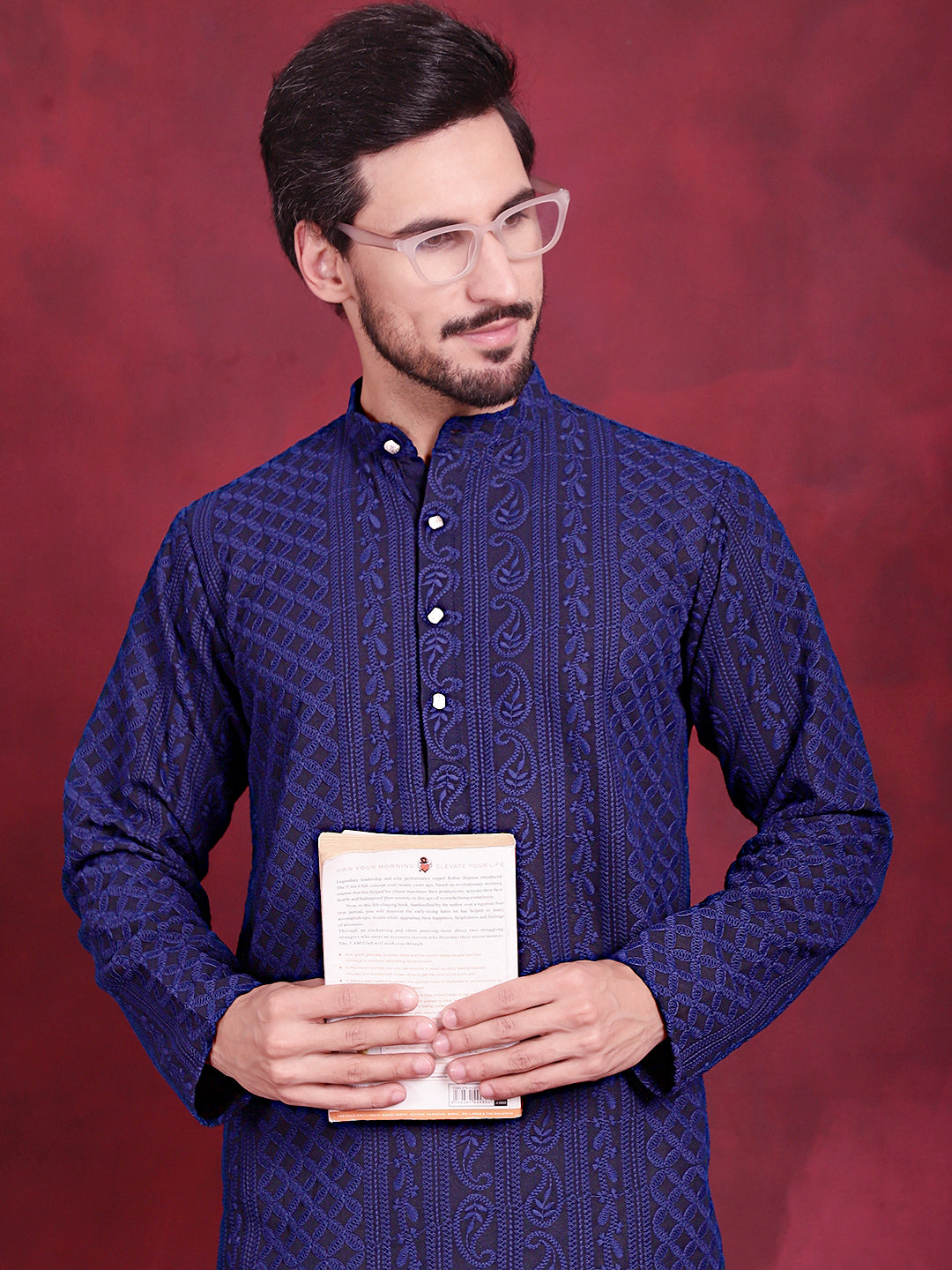 Jompers Men's Chikankari Embroidered Kurta - Navy Blue