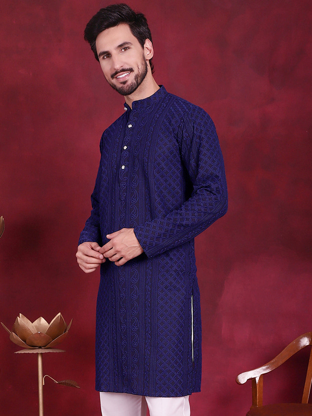 Jompers Men's Chikankari Embroidered Kurta - Navy Blue