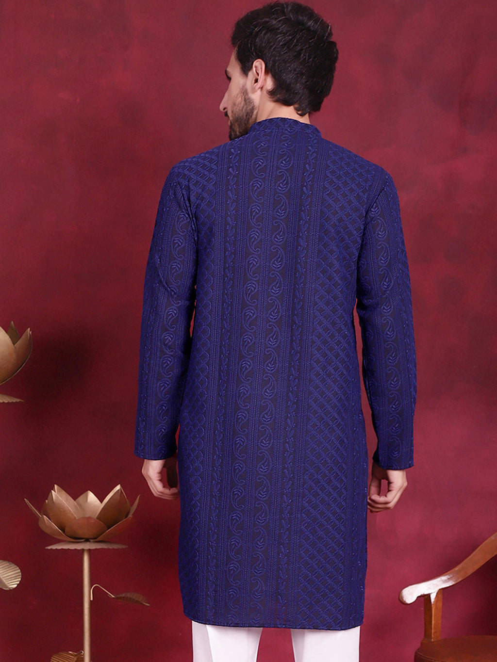 Jompers Men's Chikankari Embroidered Kurta - Navy Blue