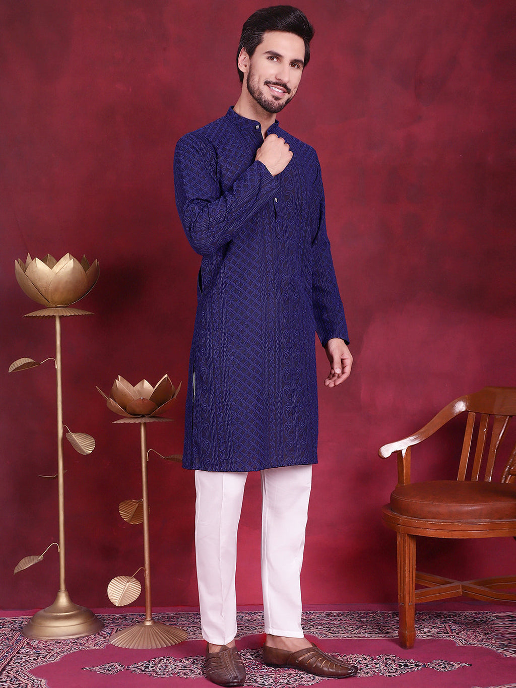 Jompers Men's Chikankari Embroidered Kurta - Navy Blue