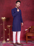 Jompers Men's Chikankari Embroidered Kurta - Navy Blue