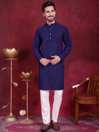 Jompers Men's Chikankari Embroidered Kurta - Navy Blue