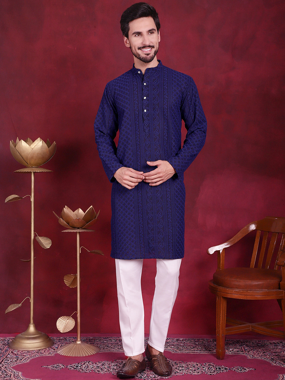 Jompers Men's Chikankari Embroidered Kurta - Navy Blue