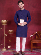 Jompers Men's Chikankari Embroidered Kurta - Navy Blue