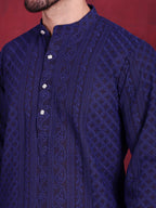 Jompers Men's Chikankari Embroidered Kurta - Navy Blue
