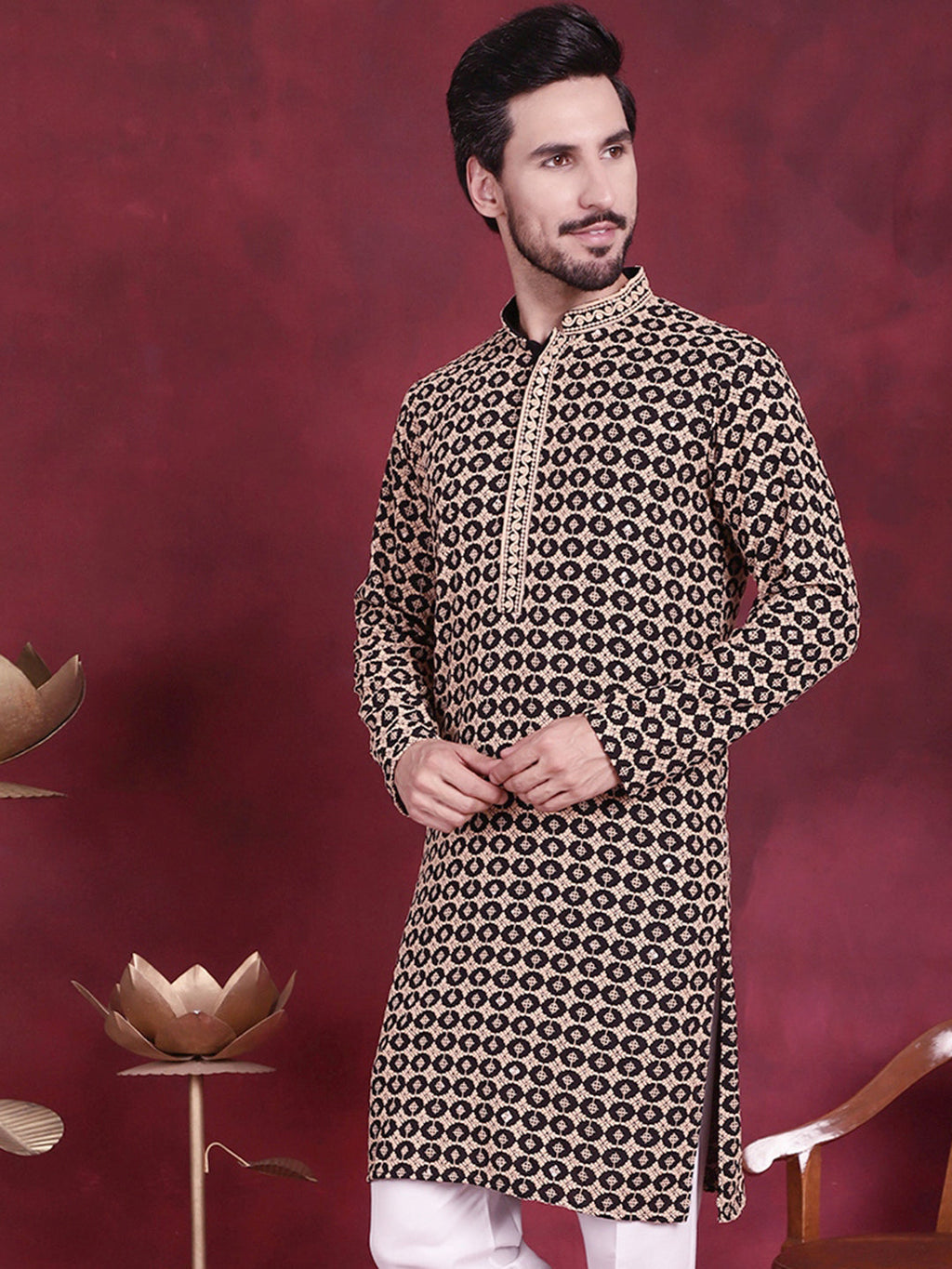 Jompers Men's Sequins Embroidered Kurta - Black
