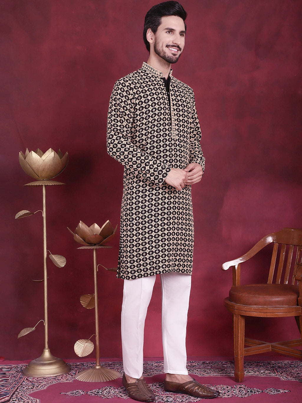 Jompers Men's Sequins Embroidered Kurta - Black