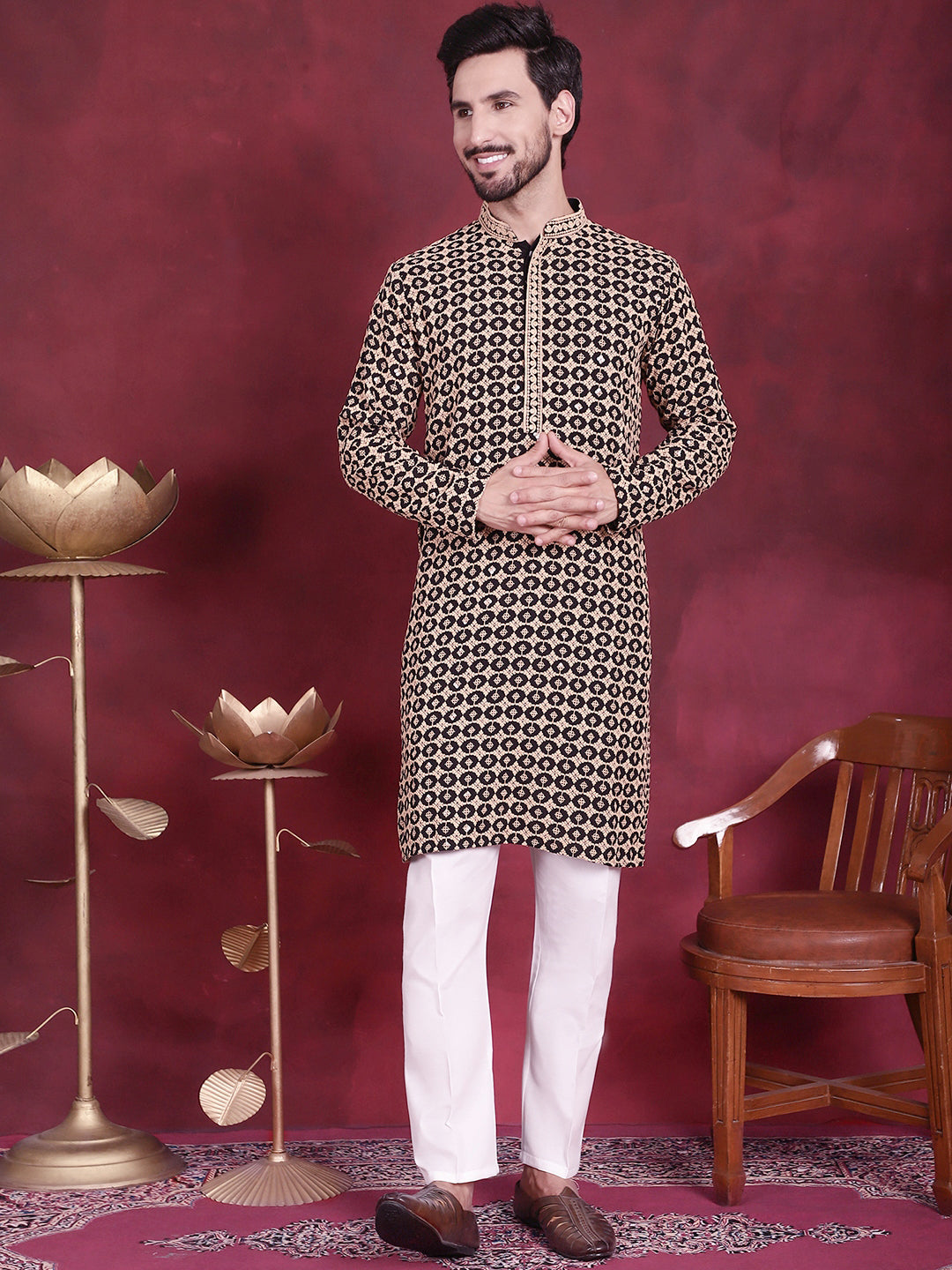 Jompers Men's Sequins Embroidered Kurta - Black