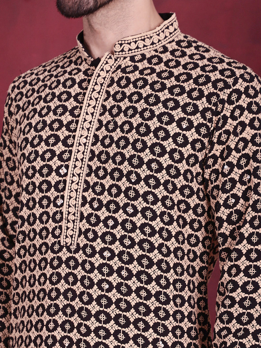 Jompers Men's Sequins Embroidered Kurta - Black