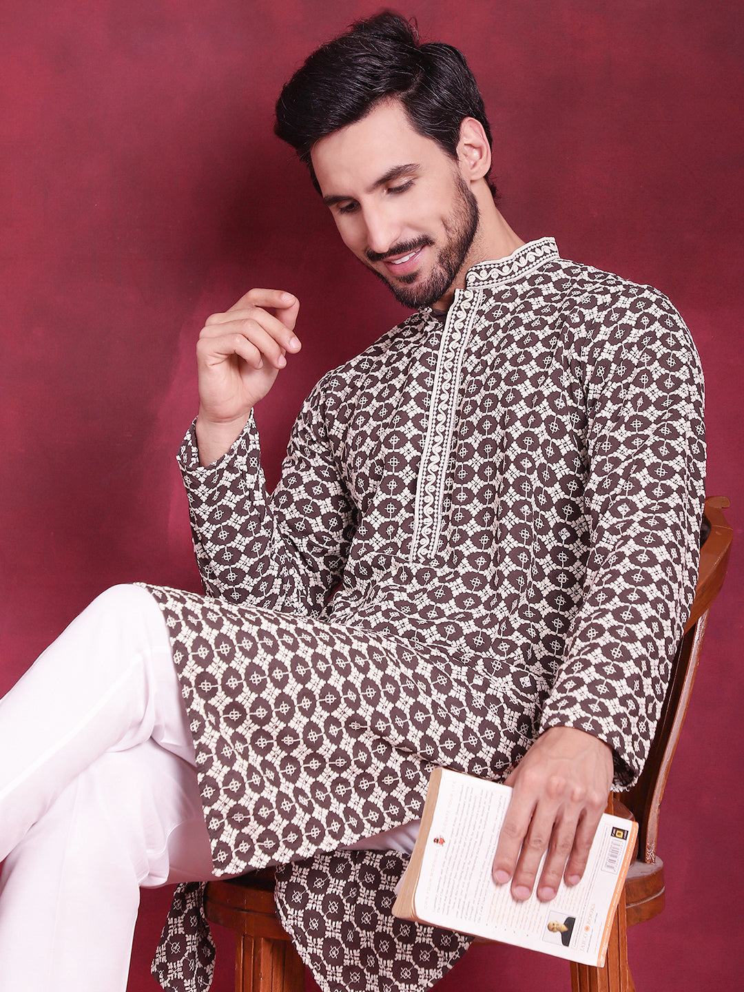 Jompers Men's Sequins Embroidered Kurta - Brown