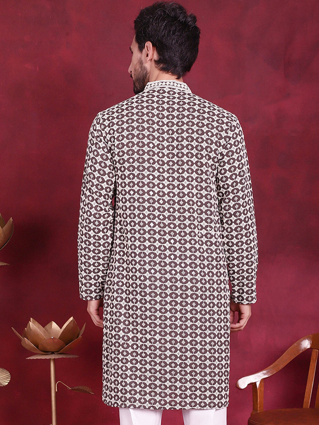 Jompers Men's Sequins Embroidered Kurta - Brown