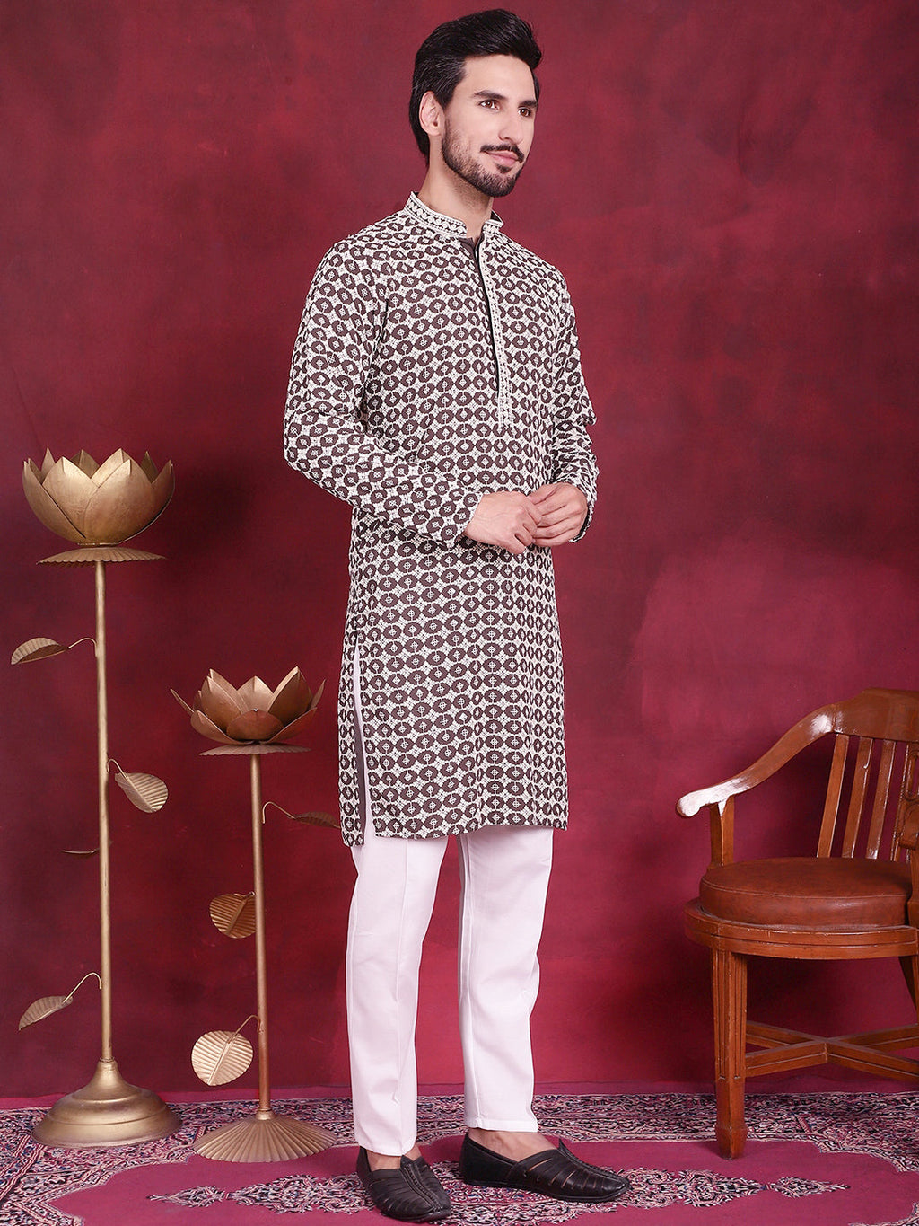Jompers Men's Sequins Embroidered Kurta - Brown