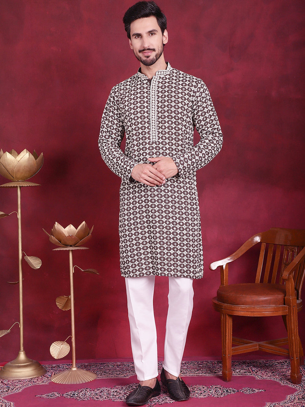 Jompers Men's Sequins Embroidered Kurta - Brown