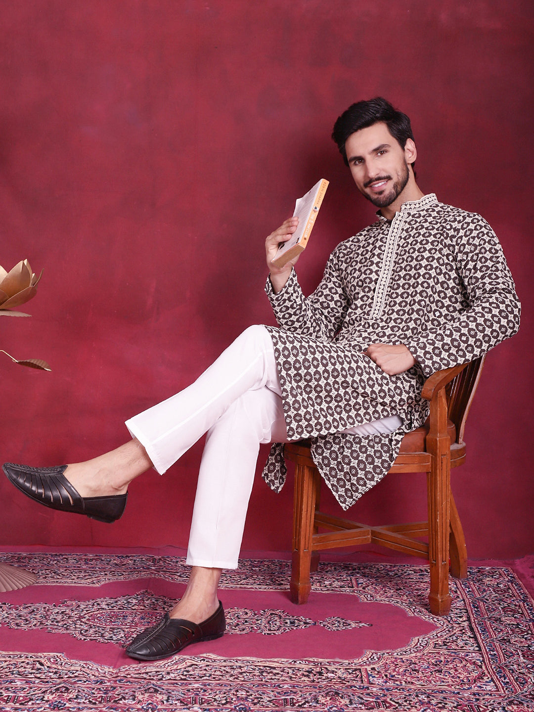 Jompers Men's Sequins Embroidered Kurta - Brown