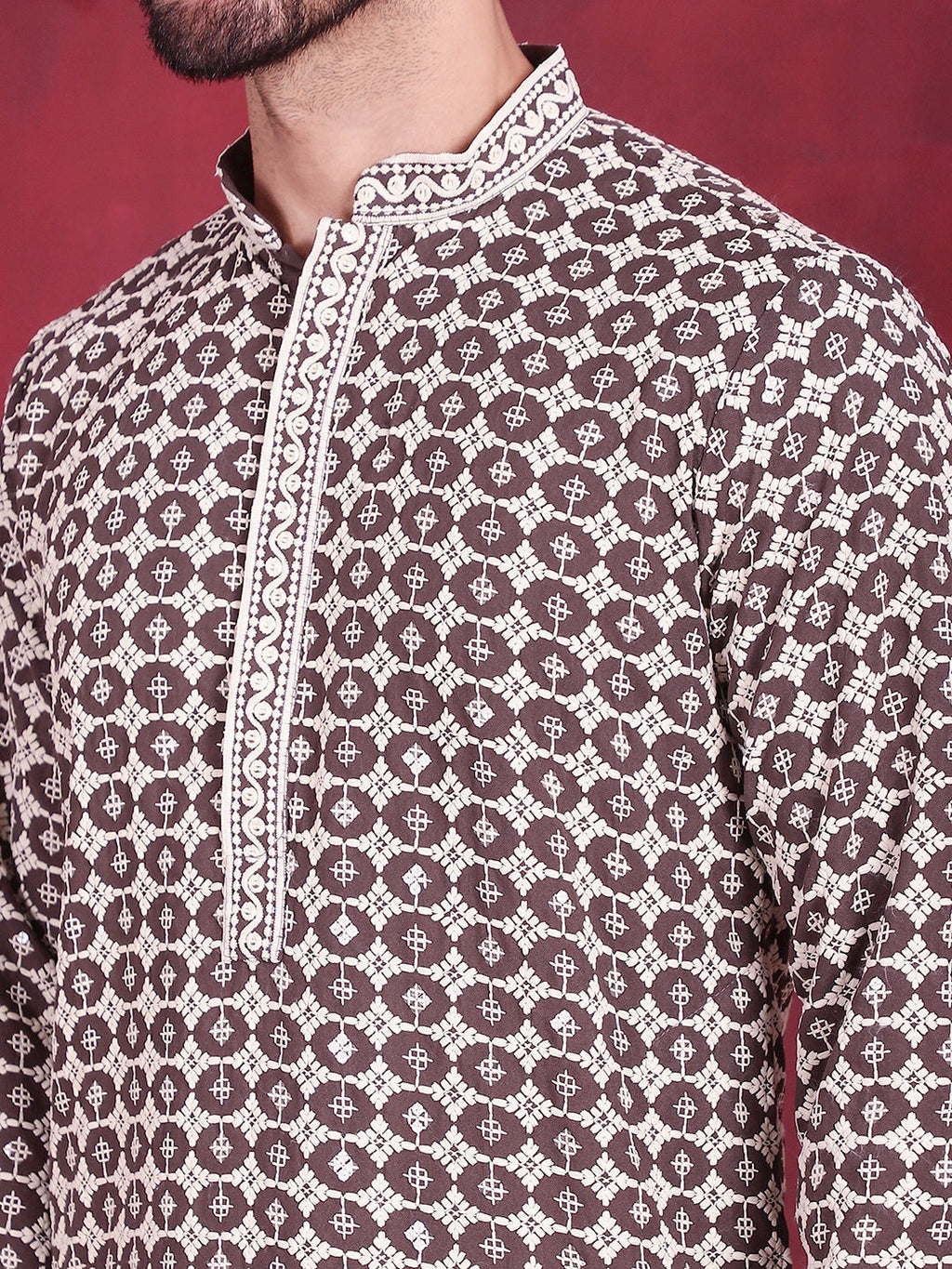 Jompers Men's Sequins Embroidered Kurta - Brown