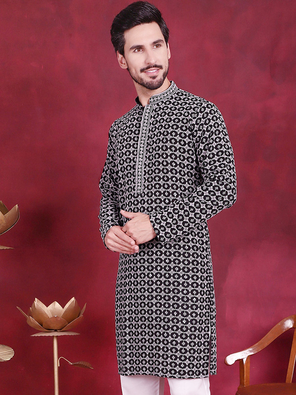 Jompers Men's Sequins Embroidered Kurta - Grey