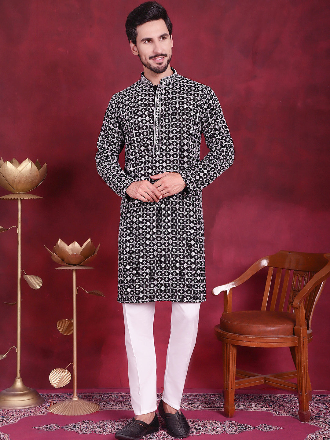Jompers Men's Sequins Embroidered Kurta - Grey