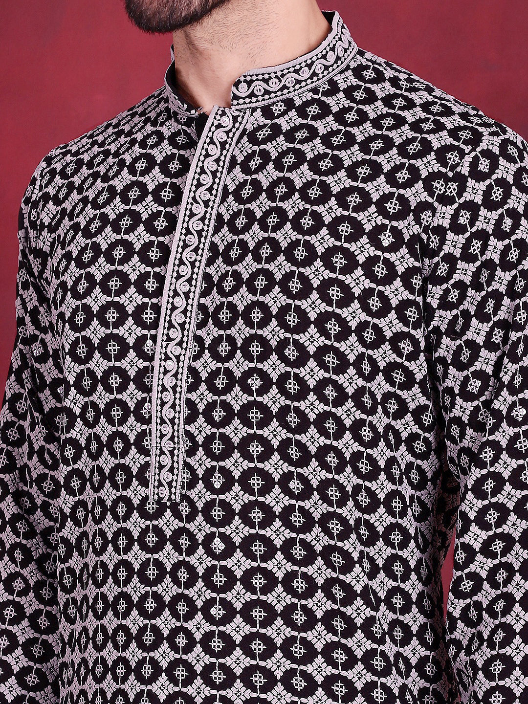 Jompers Men's Sequins Embroidered Kurta - Grey