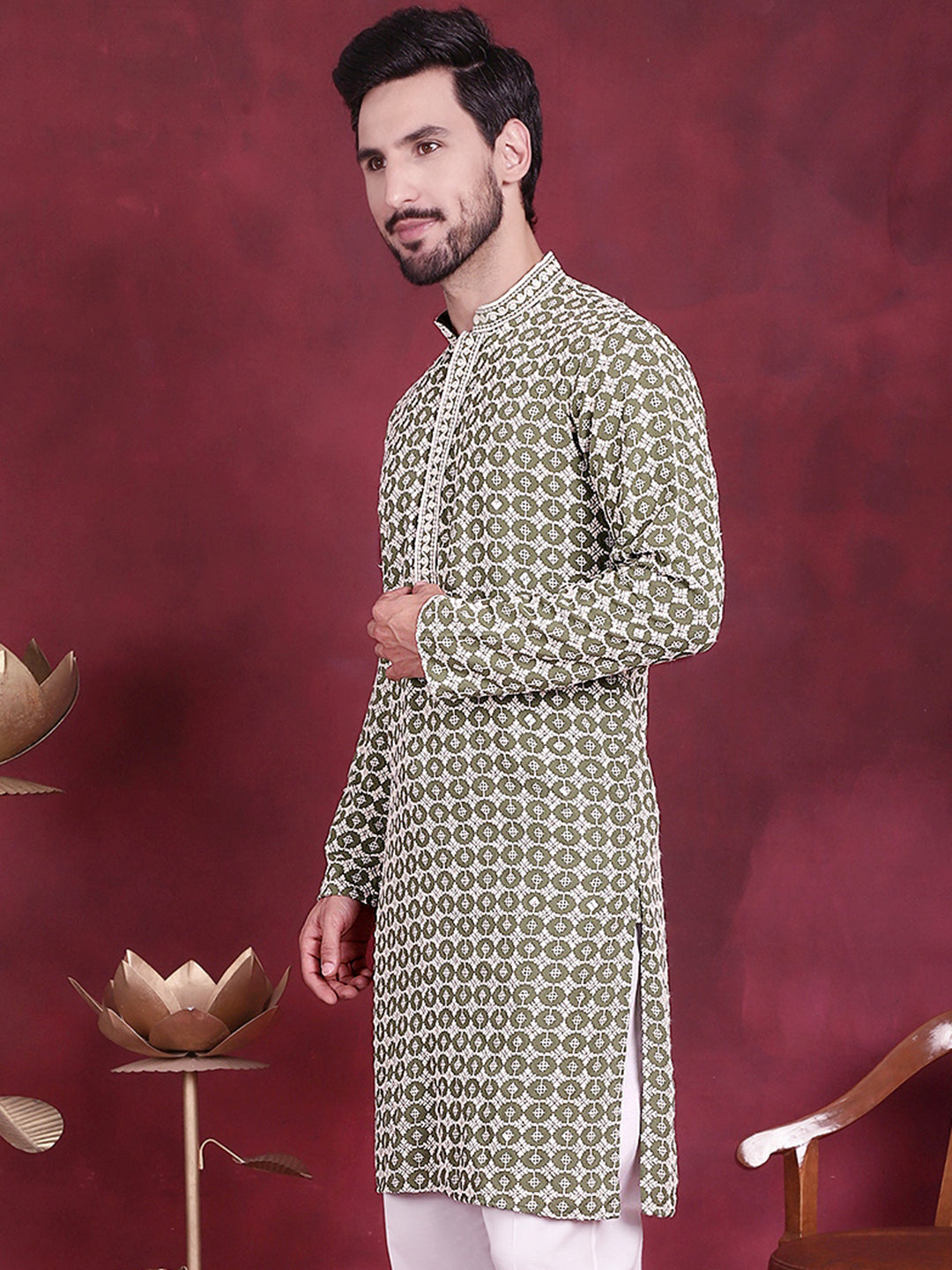 Jompers Men's Sequins Embroidered Kurta - Mehndi
