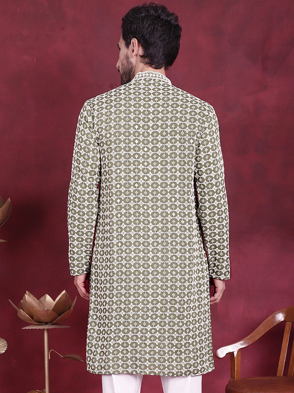 Jompers Men's Sequins Embroidered Kurta - Mehndi