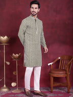 Jompers Men's Sequins Embroidered Kurta - Mehndi