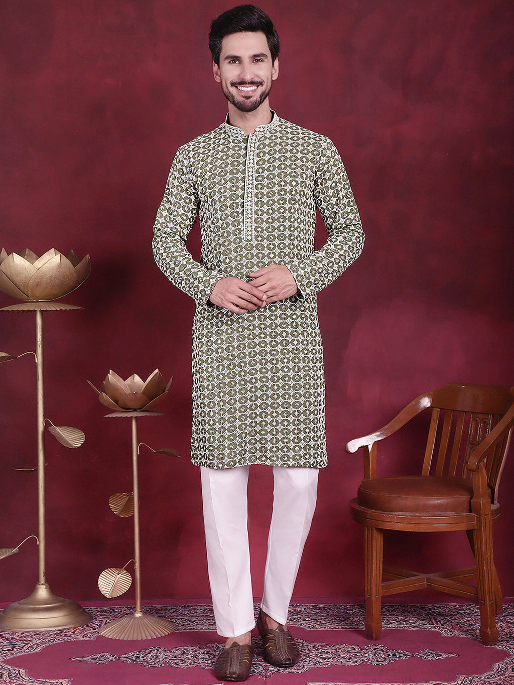 Jompers Men's Sequins Embroidered Kurta - Mehndi