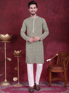 Jompers Men's Sequins Embroidered Kurta - Mehndi