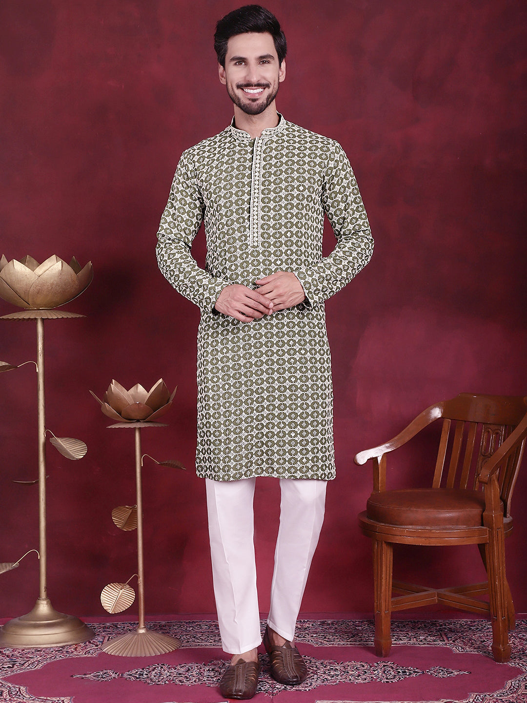 Jompers Men's Sequins Embroidered Kurta - Mehndi