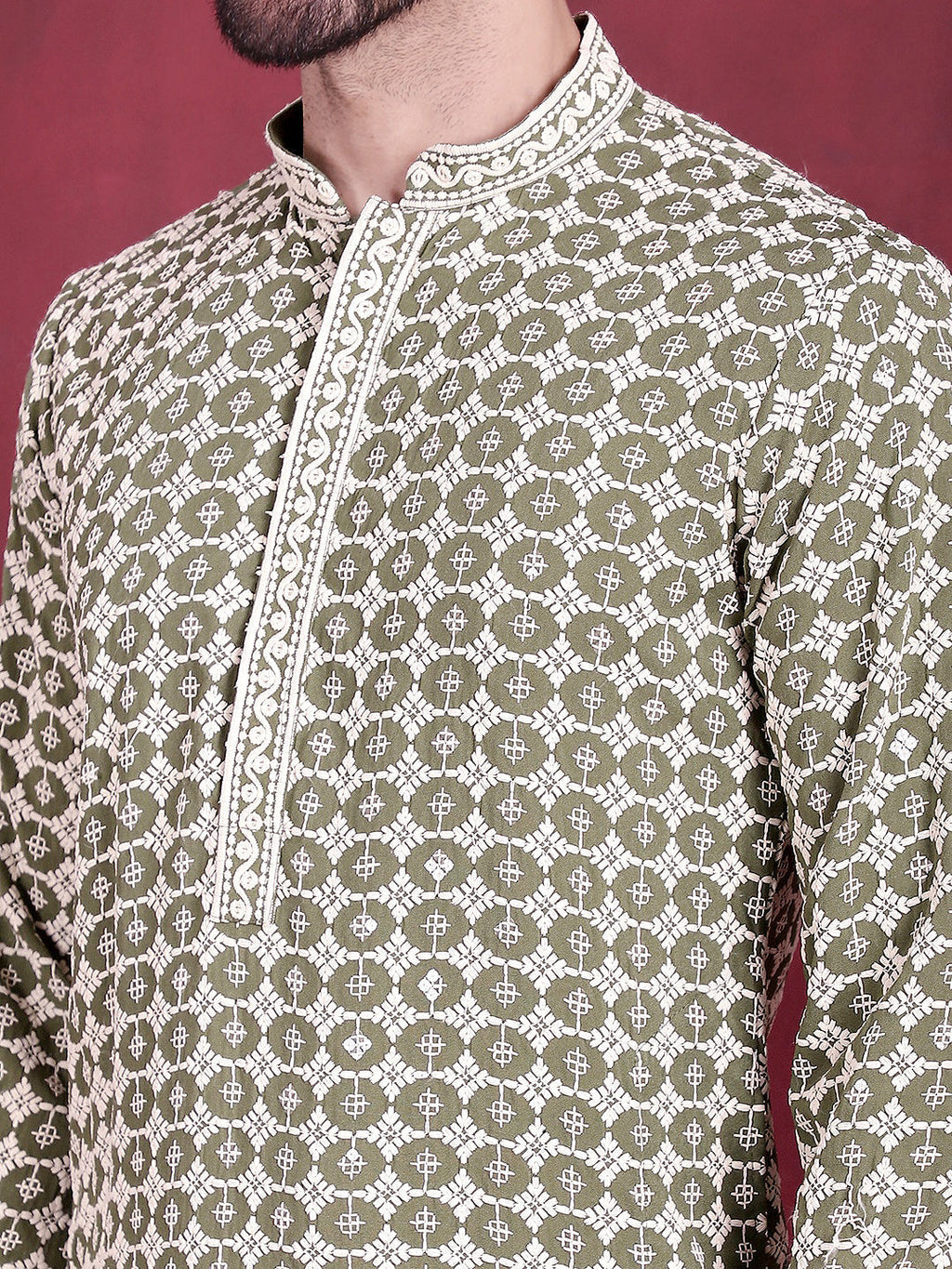 Jompers Men's Sequins Embroidered Kurta - Mehndi