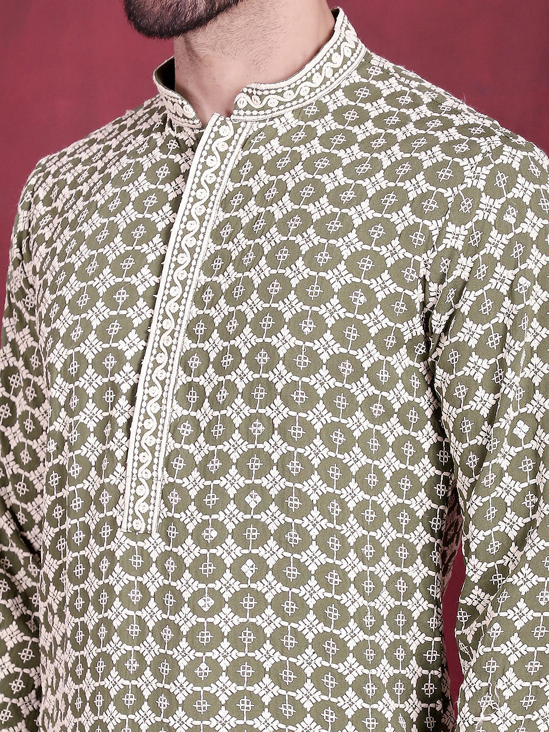 Jompers Men's Sequins Embroidered Kurta - Mehndi