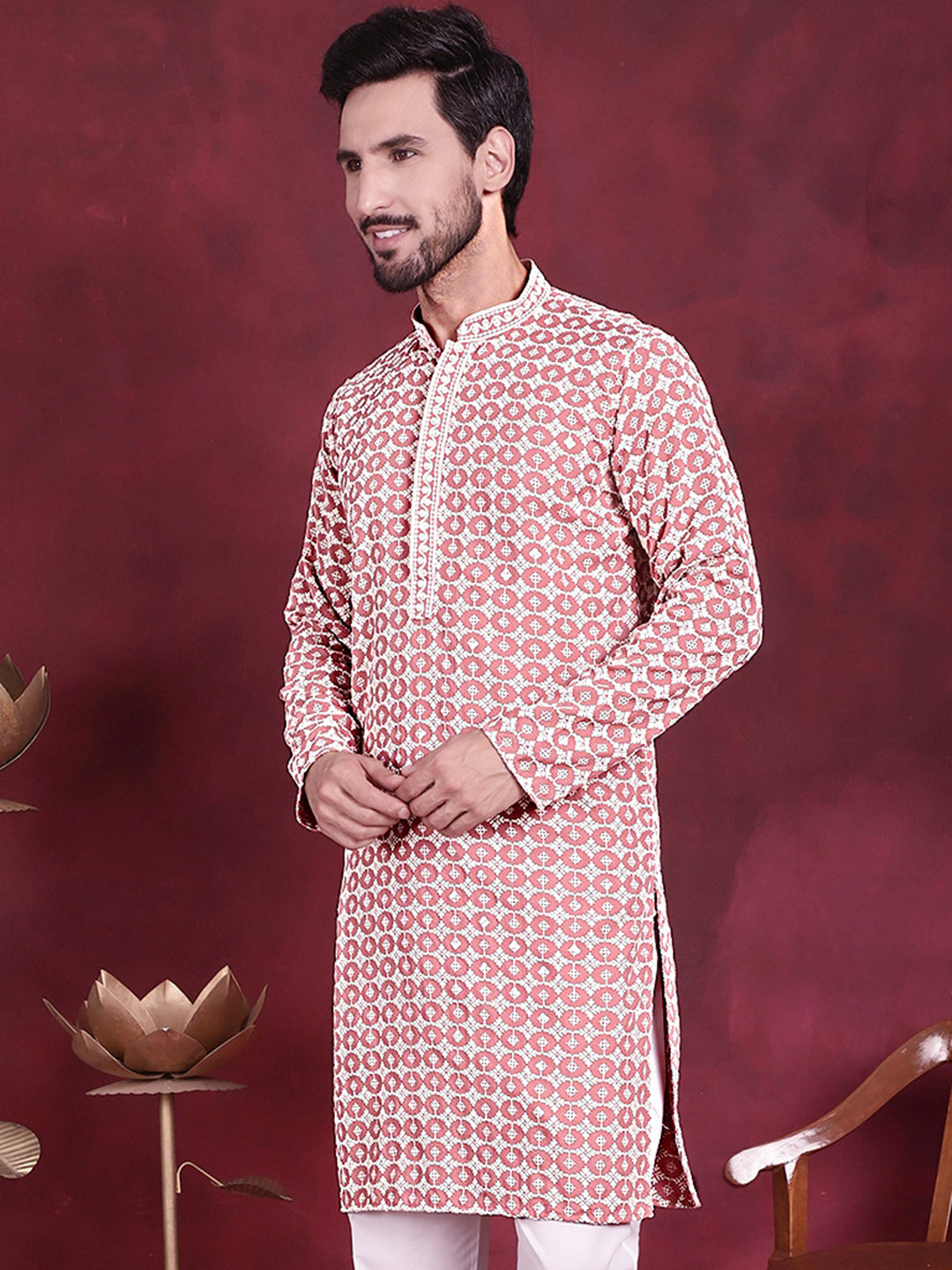 Jompers Men's Sequins Embroidered Kurta - Peach