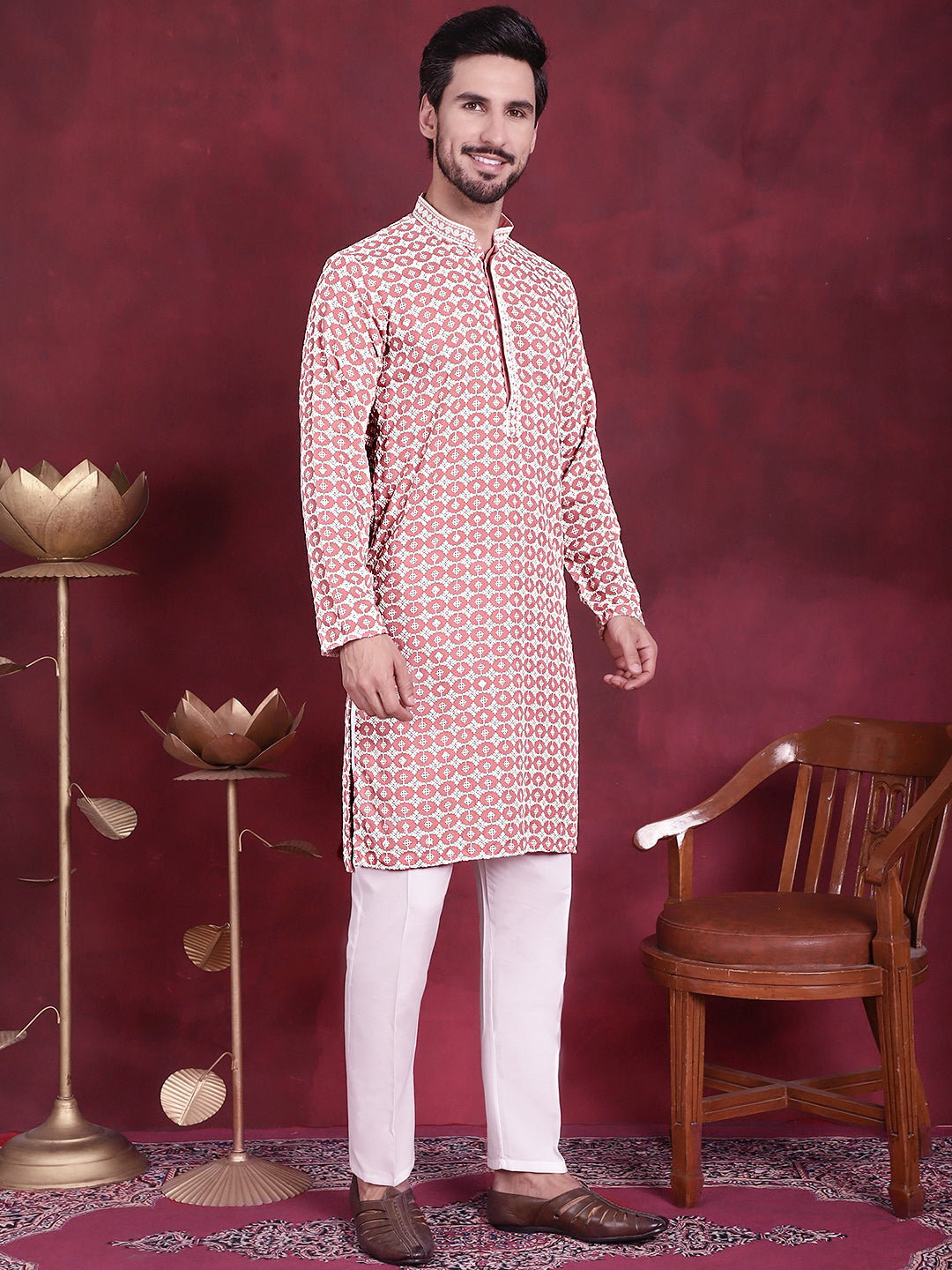 Jompers Men's Sequins Embroidered Kurta - Peach