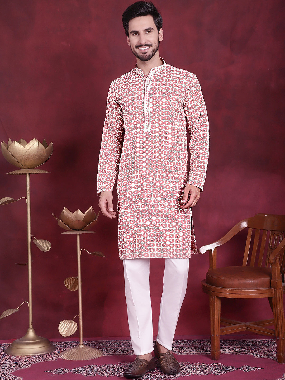 Jompers Men's Sequins Embroidered Kurta - Peach