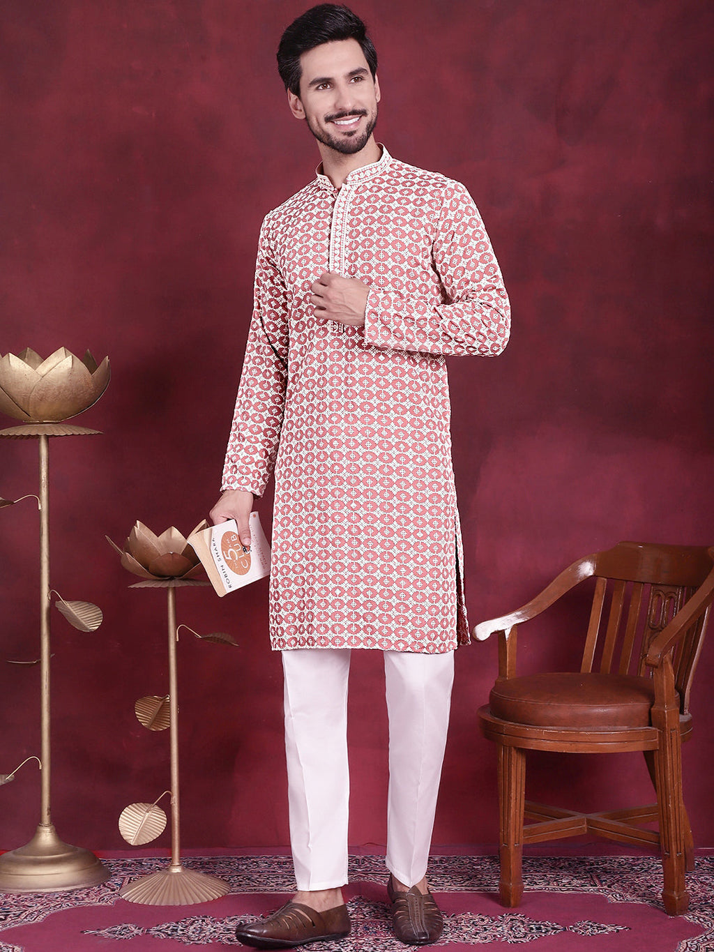 Jompers Men's Sequins Embroidered Kurta - Peach