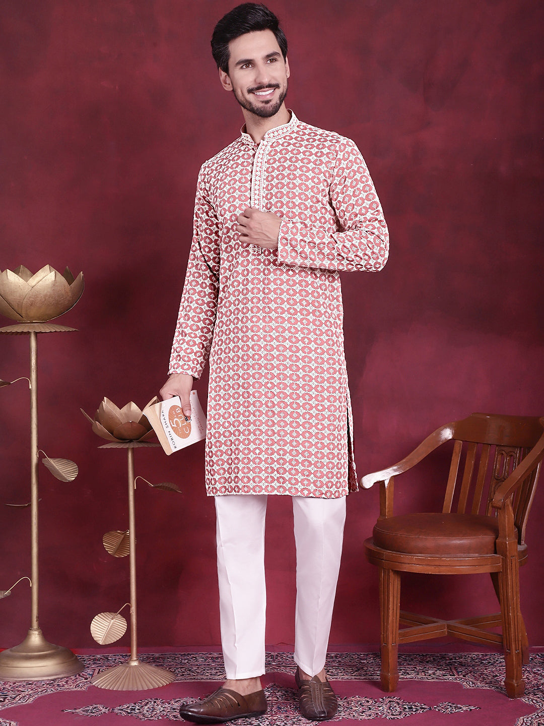 Jompers Men's Sequins Embroidered Kurta - Peach