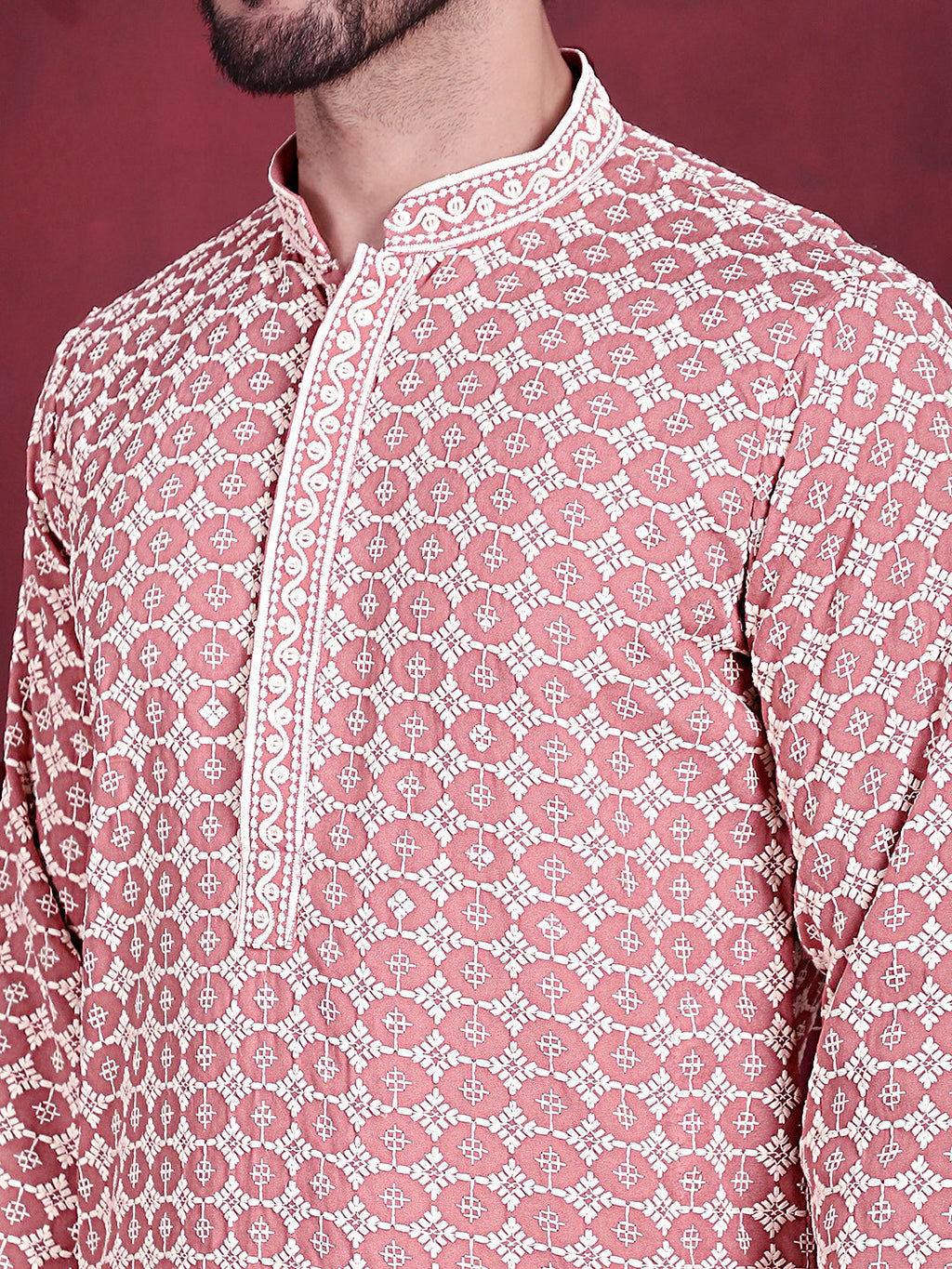 Jompers Men's Sequins Embroidered Kurta - Peach