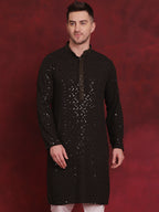 Jompers Men's Sequins Chikankari Embroidered Kurta - Olive