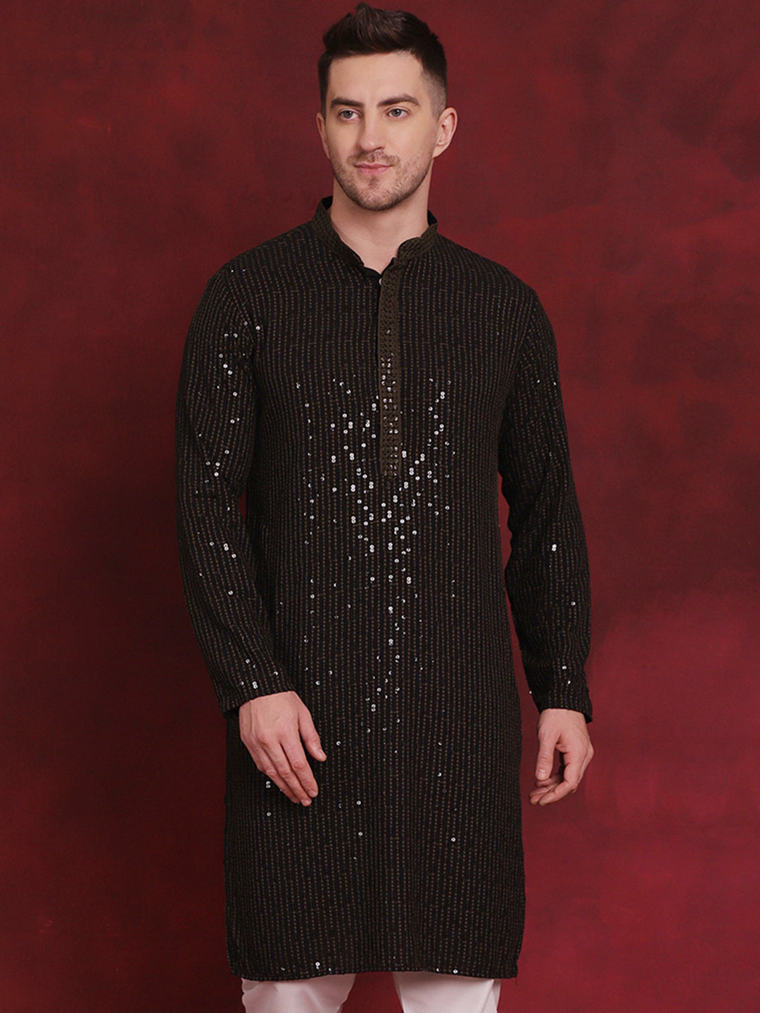 Jompers Men's Sequins Chikankari Embroidered Kurta - Olive